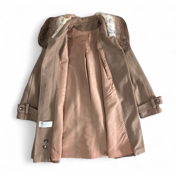 Vintage 70s Sears Women’s Tan Wool Peacoat Real Fur Collar Button Closure S/M - Picture 7 of 10